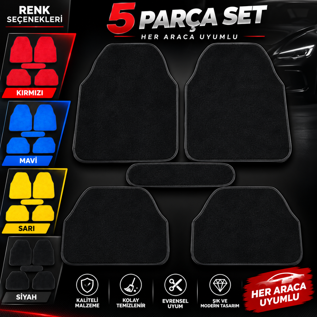 Universal Oto Halı Paspas Seti – 5 Parça, Renk Seçenekli
