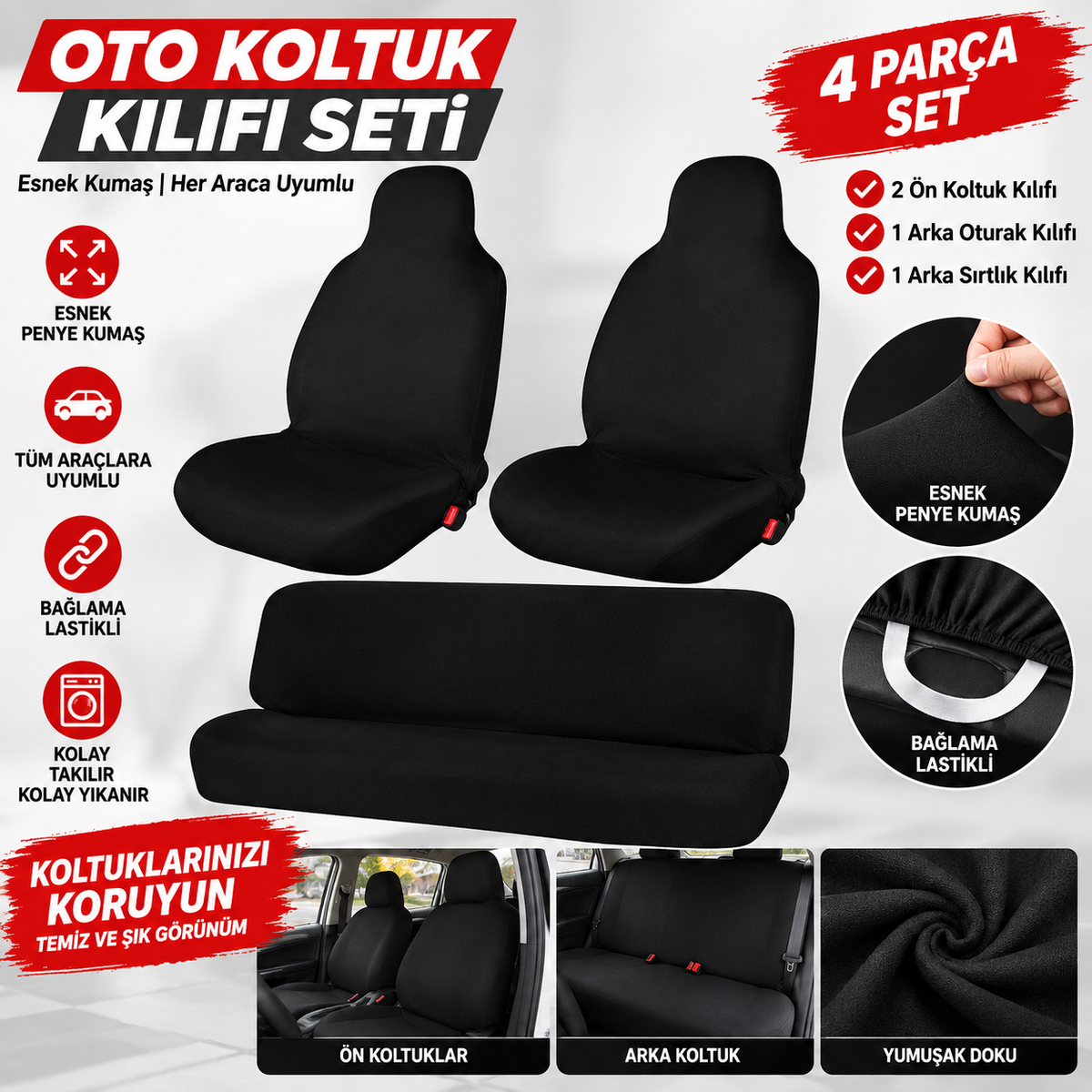 Oto Servis Kılıfı 4 Parça Penye Koltuk Kılıfı – Siyah, Mavi, Kırmızı