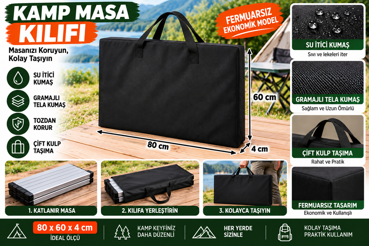 Katlanır Kamp Masası Kılıfı - 80x60x4 cm Uyumlu Taşıma Çantası