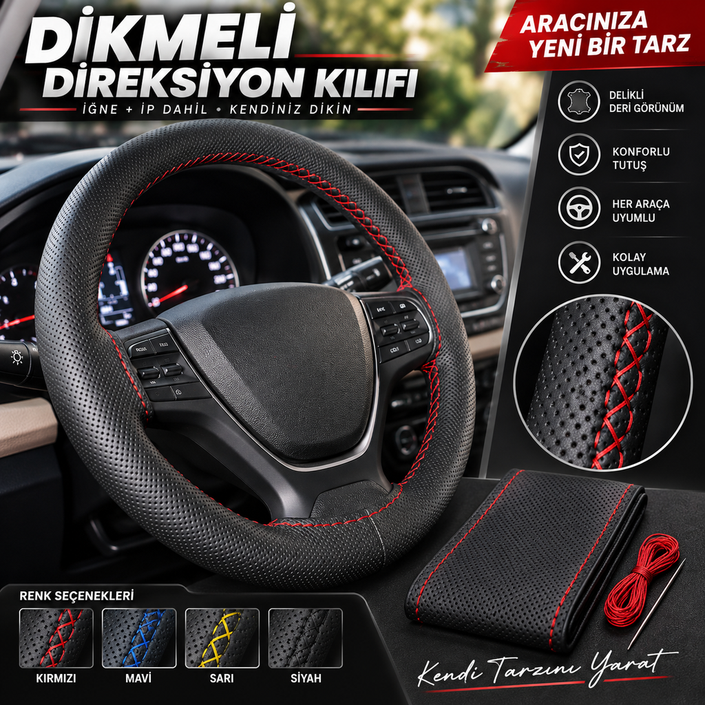 Dikmeli Universal Direksiyon Kılıfı – İğne ve İp Dahil