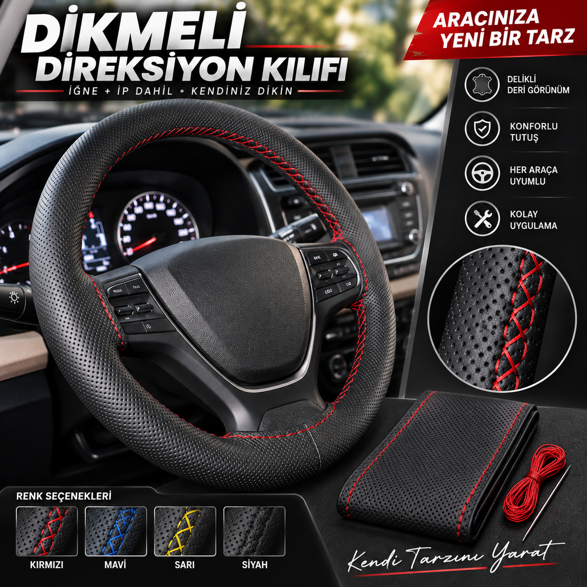 Dikmeli Universal Direksiyon Kılıfı – İğne ve İp Dahil