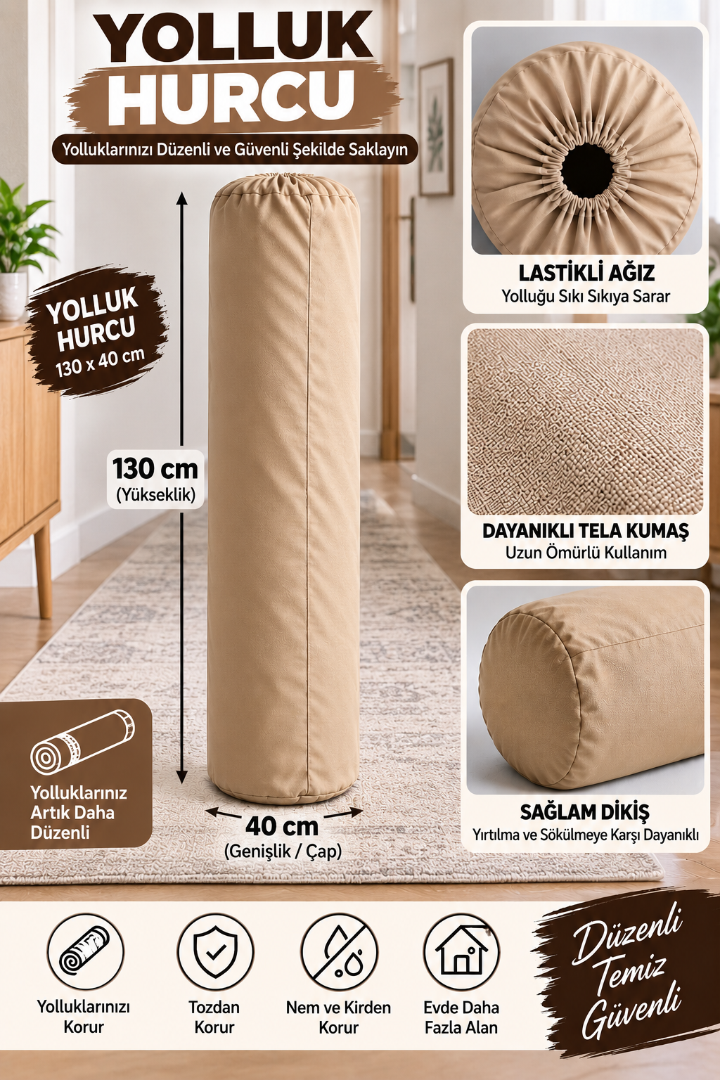 Halı Hurcu Bej Renk - Ölçü Seçenekli Halı Saklama Çantası
