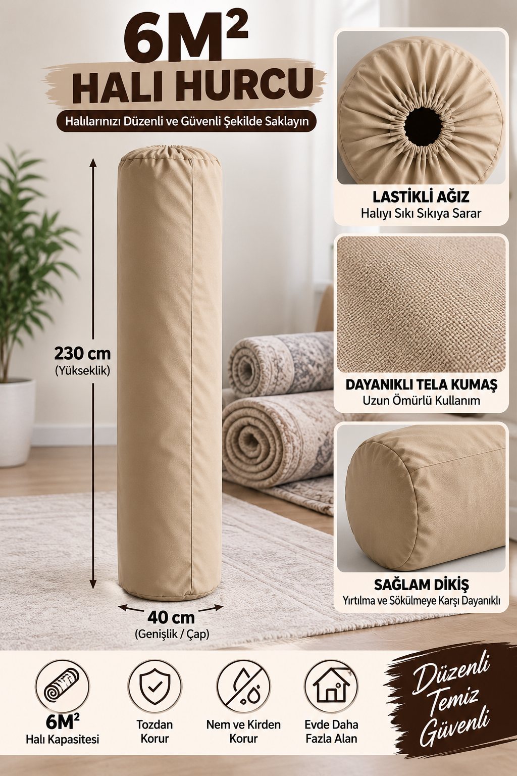 Halı Hurcu Bej Renk - Ölçü Seçenekli Halı Saklama Çantası