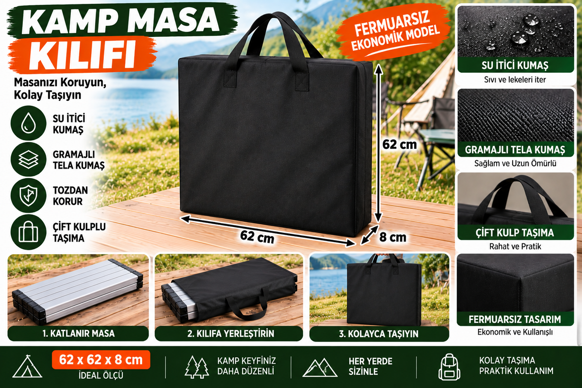 Katlanır Kamp Masası Kılıfı - 62x62x8 cm Uyumlu Taşıma Çantası