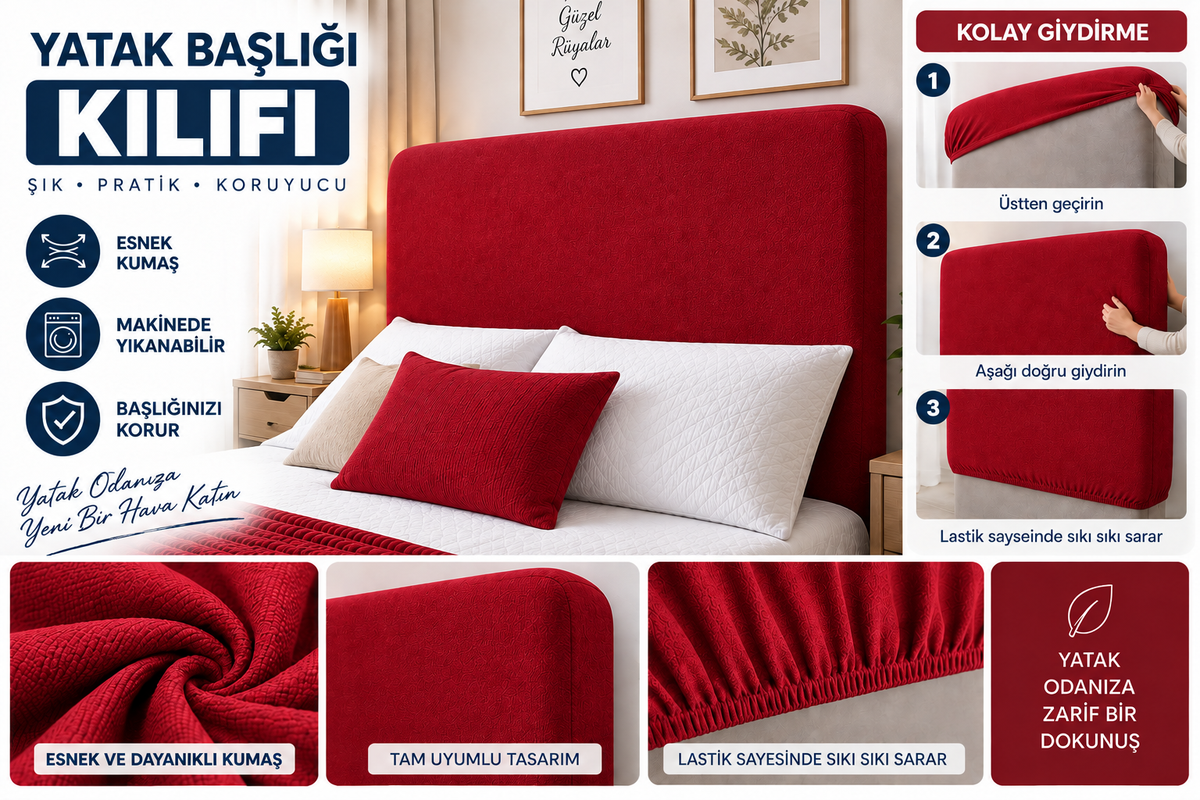 Kırmızı Renk Baza Yatak Başlık Kılıfı