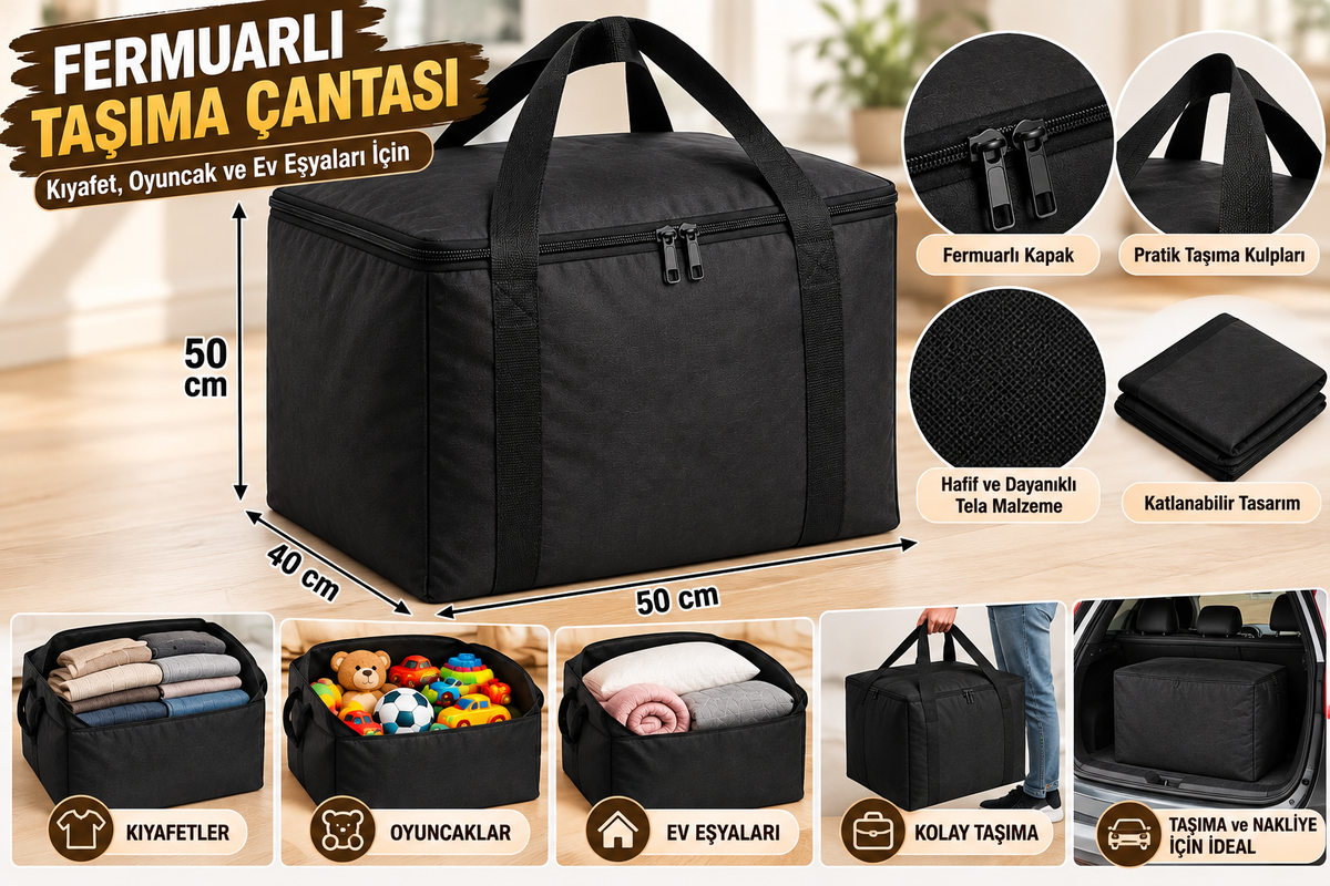 Ev Taşıma Çantası - Kalın Gramajlı Tela, Fermuarlı ve Kulplu