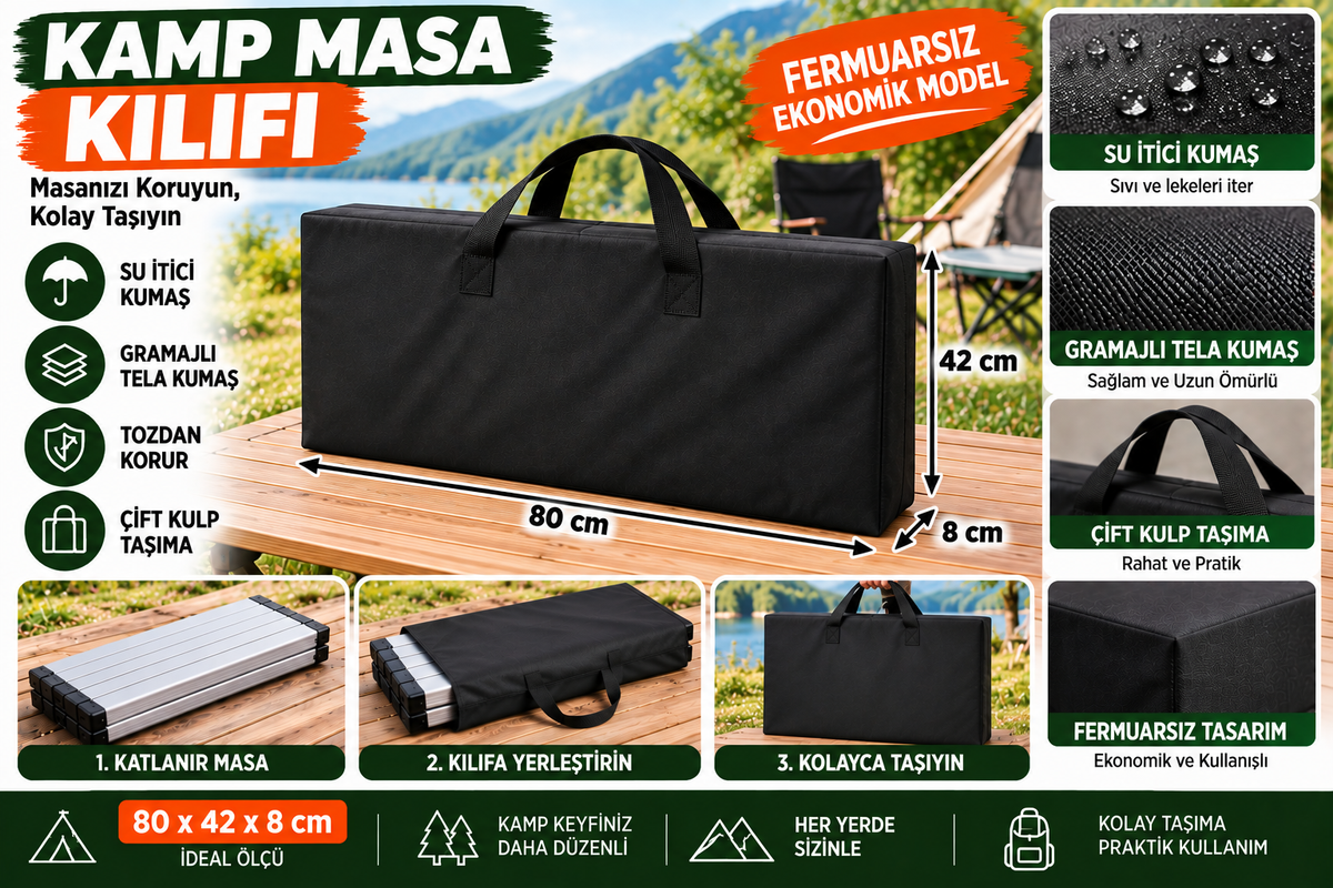 Katlanır Kamp Masası Kılıfı - 80x42x8 cm Uyumlu Taşıma Çantası