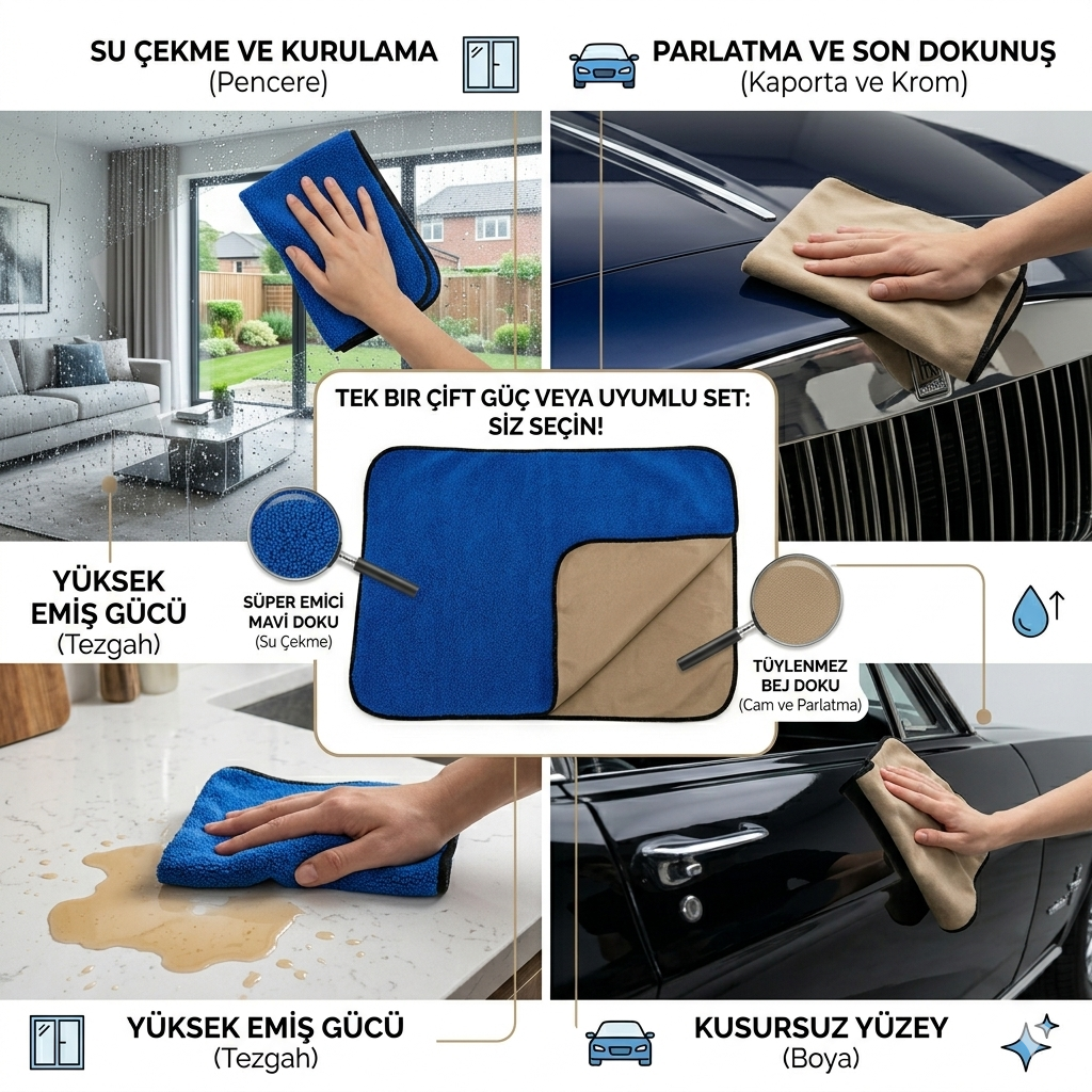 Çift Taraflı Profesyonel Temizlik Bezi - 45x30 cm Yüksek Emici Kurulama ve Hassas Parlatma