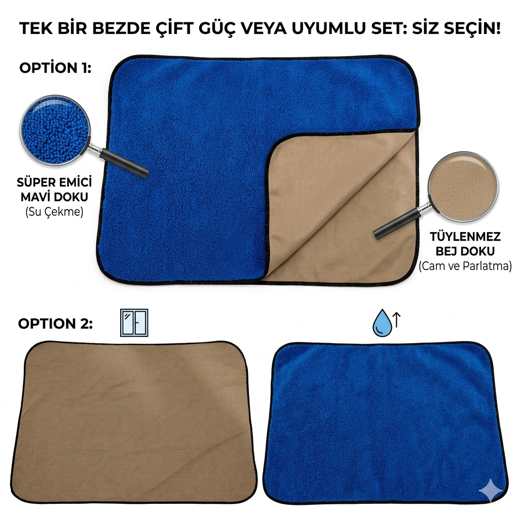 Çift Taraflı Profesyonel Temizlik Bezi - 45x30 cm Yüksek Emici Kurulama ve Hassas Parlatma