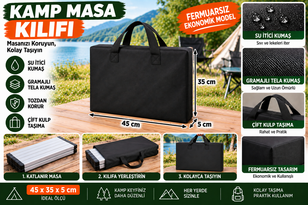 Katlanır Kamp Masası Kılıfı - 45x35x5 cm Uyumlu Taşıma Çantası