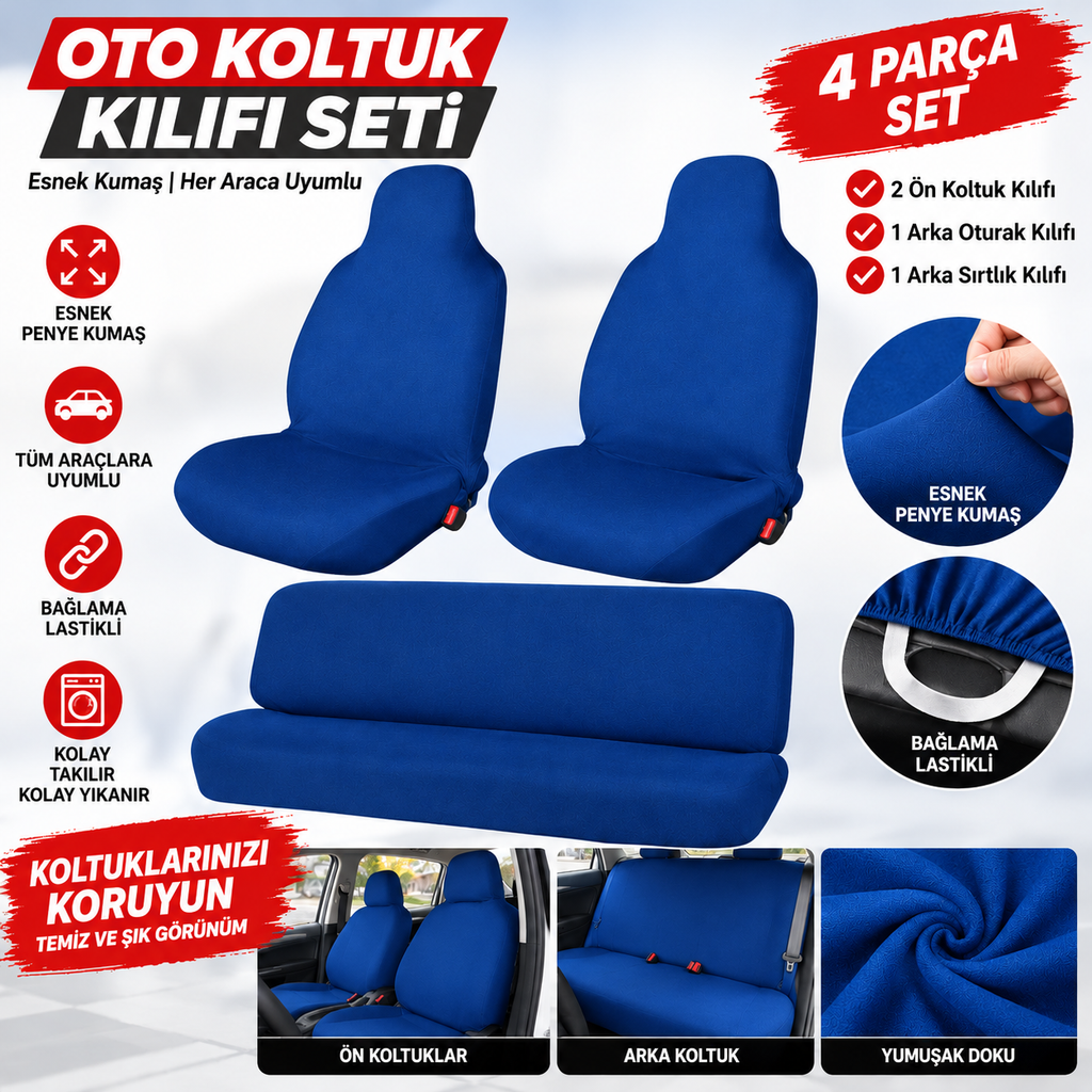 Oto Servis Kılıfı 4 Parça Penye Koltuk Kılıfı – Siyah, Mavi, Kırmızı