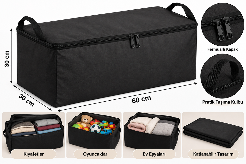 Bej Fermuarlı Kulplu Organizer Hurç 60×30×30 cm