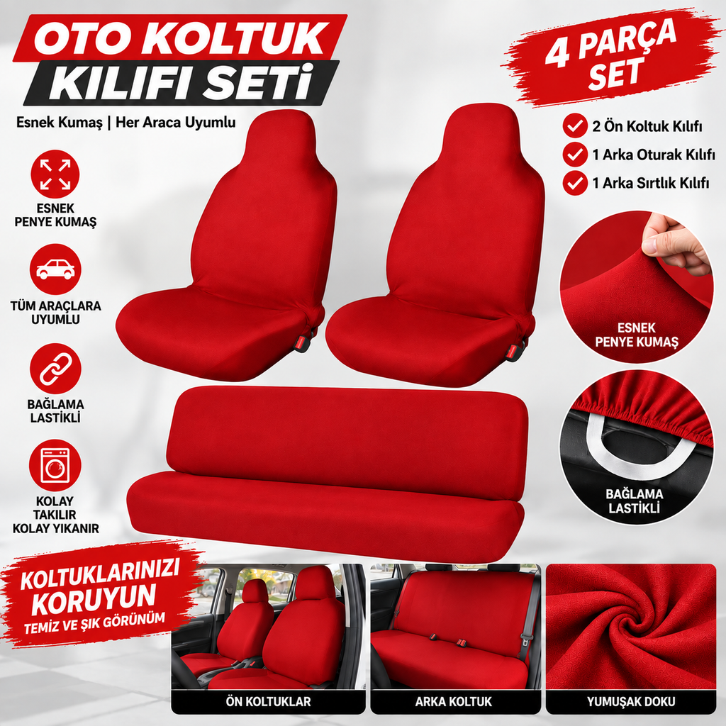 Oto Servis Kılıfı 4 Parça Penye Koltuk Kılıfı – Siyah, Mavi, Kırmızı